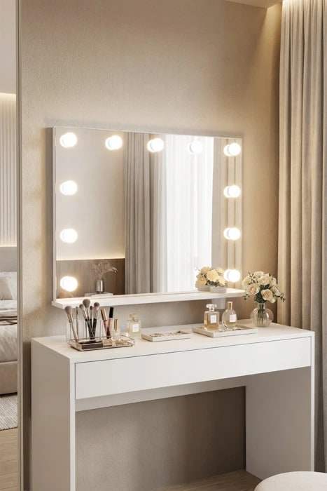 Diva Full Hollywood Raflı Led Işıklı Ayna Düz Beyaz