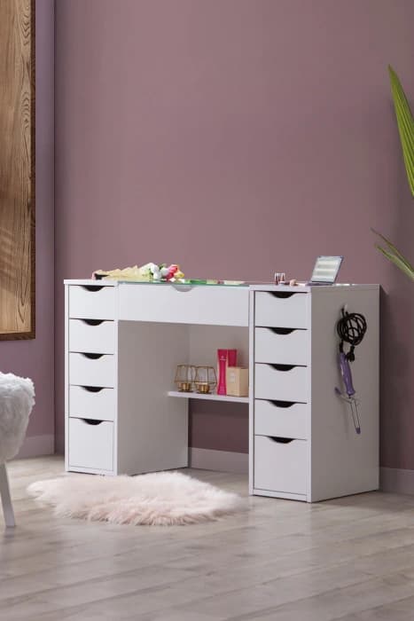 Diva Takı Düzenleyicili Cam Tablalı 11 Çekmeceli Kulis Makyaj Masası - Çalışma Masası Beyaz