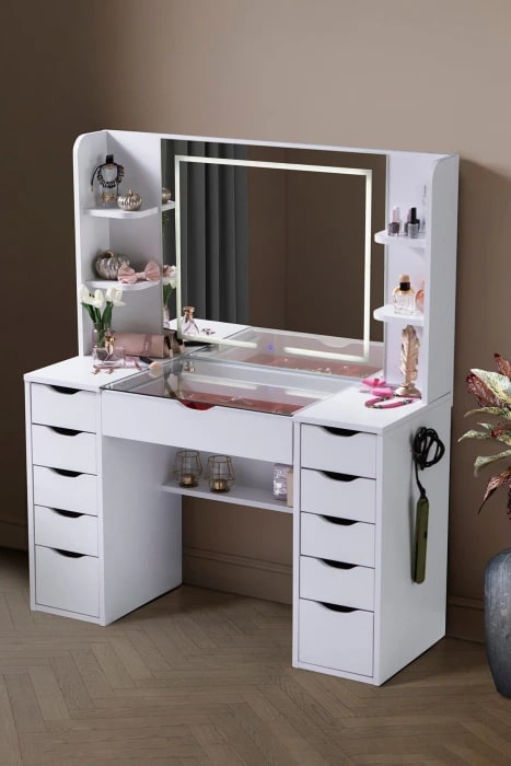 Diva Cam Tablalı Dokunmatik Led Aynalı 4 Raflı 11 Çekmeceli Kulis Makyaj Masası Düz Beyaz