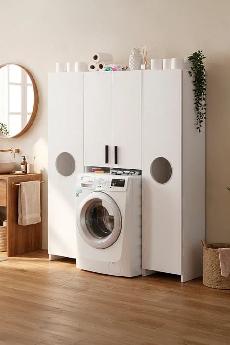 Diva Çamaşır Makinesi Ve 2 Kapaklı Kirli Dolabı Raflı Banyo Dolabı Çok Amaçlı Dolap