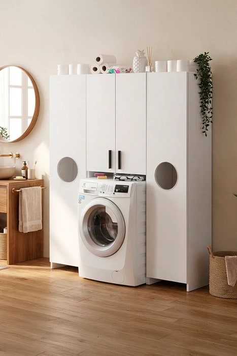 Diva Çamaşır Makinesi Ve 2 Kapaklı Kirli Dolabı Raflı Banyo Dolabı Çok Amaçlı Dolap