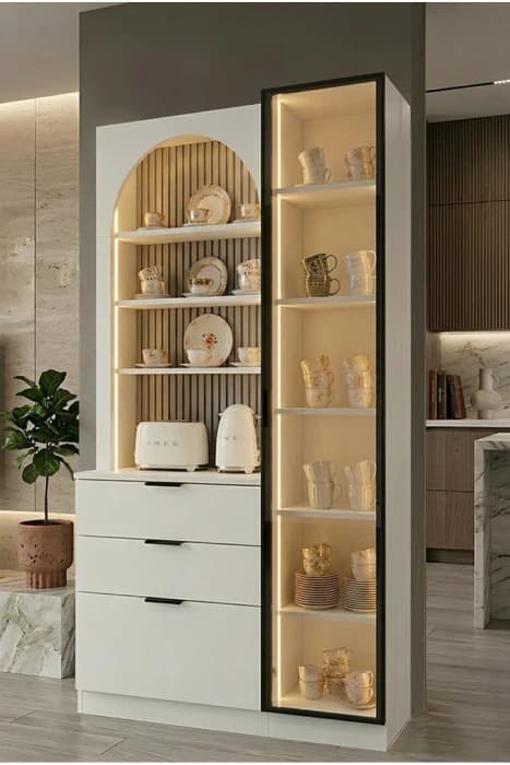 Diva Çok Amaçlı Dolap Ledli 1 Kapılı Açık Oval Panelli Raflı Kahve Köşesi Mutfak Dolabı Düz Beyaz