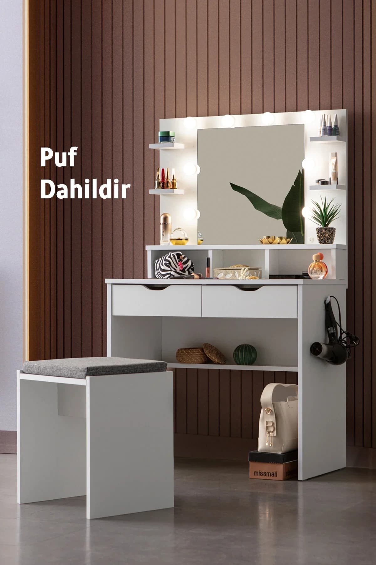 Diva Hollywood Led Işıklı Aynalı Raflı Çekmeceli Kulis Makyaj Masası Oturma Pufu Hediyeli Beyaz