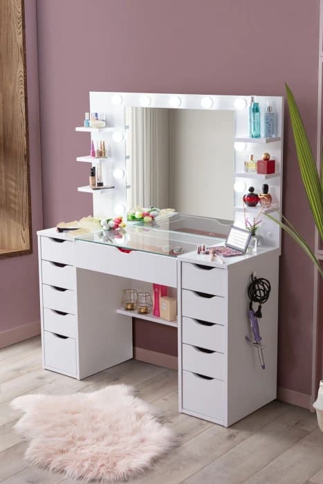 Diva Takı Düzenleyicili Cam Tablalı Raflı Aynalı Led Işıklı 11 Çekmeceli Kulis Makyaj Masası Beyaz