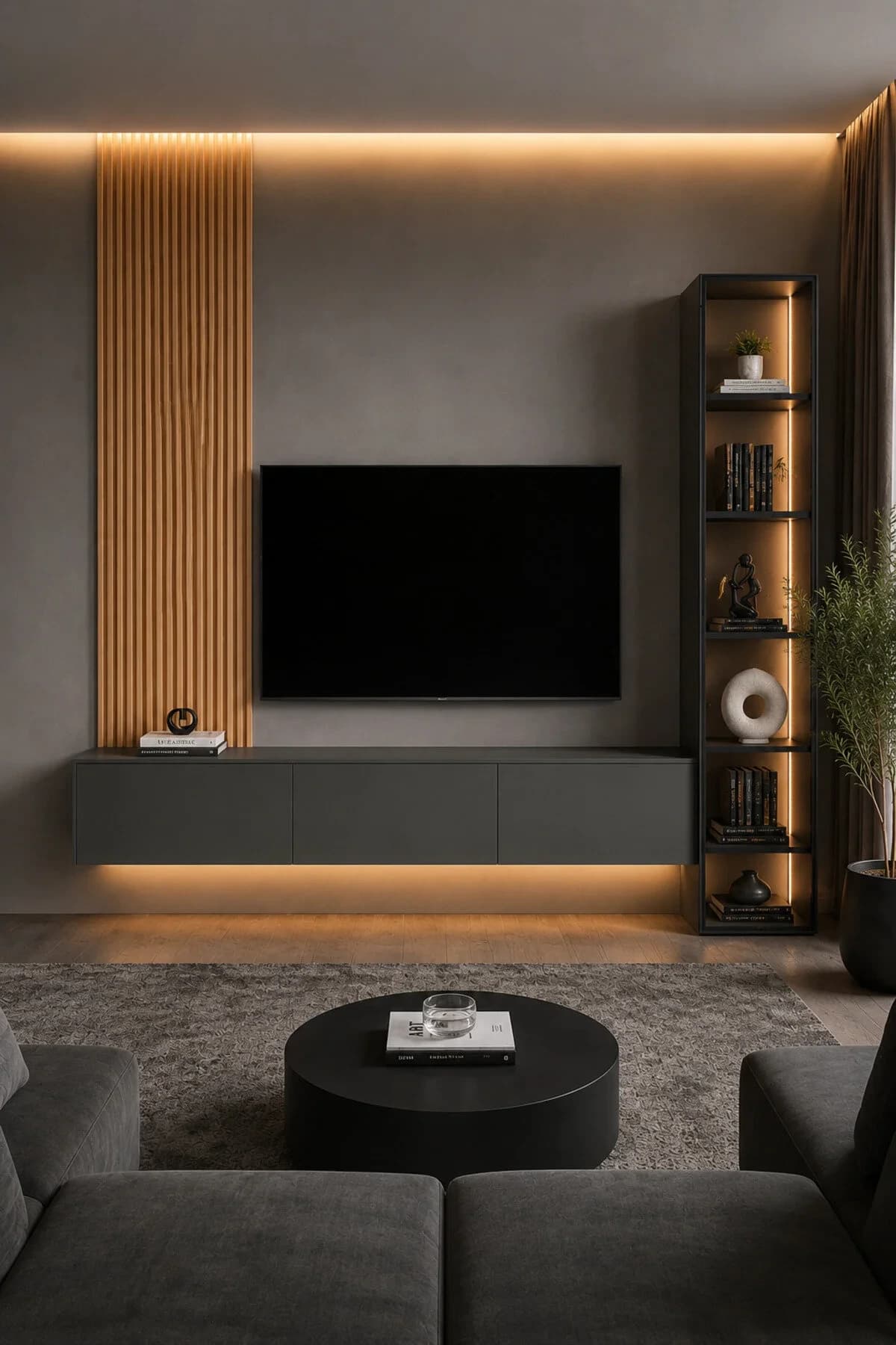 Diva Dekoratif Ahşap Görünümlü Panelli TV Ünitesi ve 1 Kapılı Cam Kapaklı Vitrin Blok (Antrasit Gri)