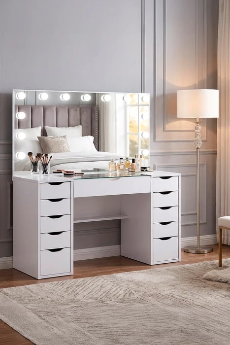 Diva Cam Tablalı Full Hollywood Led Işıklı 11 Çekmeceli Makyaj Masası Düz Beyaz